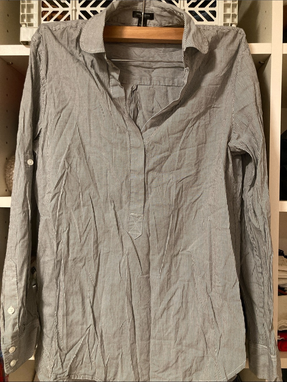 Ann Taylor Navy and White Pinstripe Button-Down Shirt